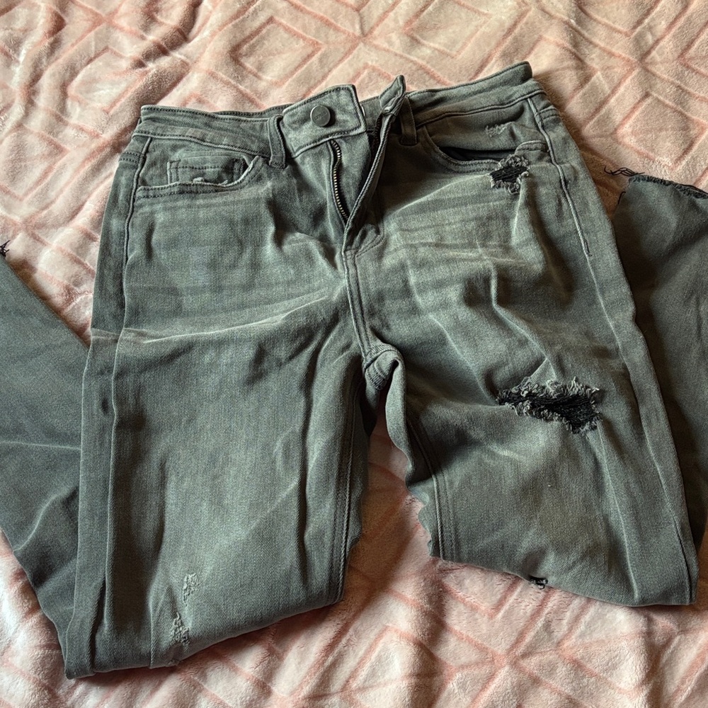 High Rise Distressed Jeans - Green